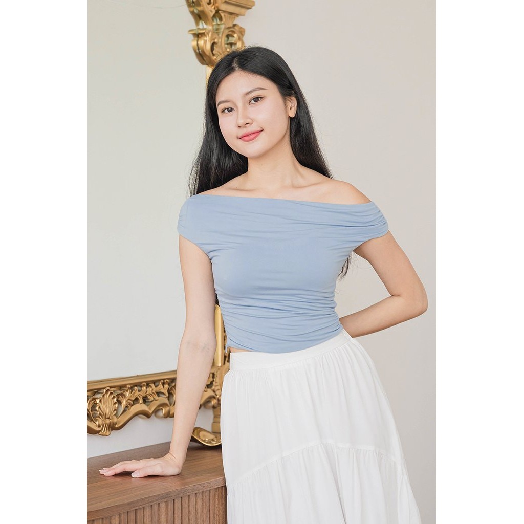 เสื้อปาดไหล่บุนวม Dear Lila Noelle (Icy Blue)