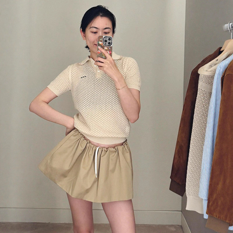 2C2U MI*U Jacquard Hollow Out Turn-Down Collar Short Sleeve Knitted Top for Women