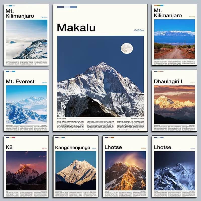 โปสเตอร์ภูเขา Mount Kilimanjaro, Everest และ K2 สำหรับตกแต่งห้อง