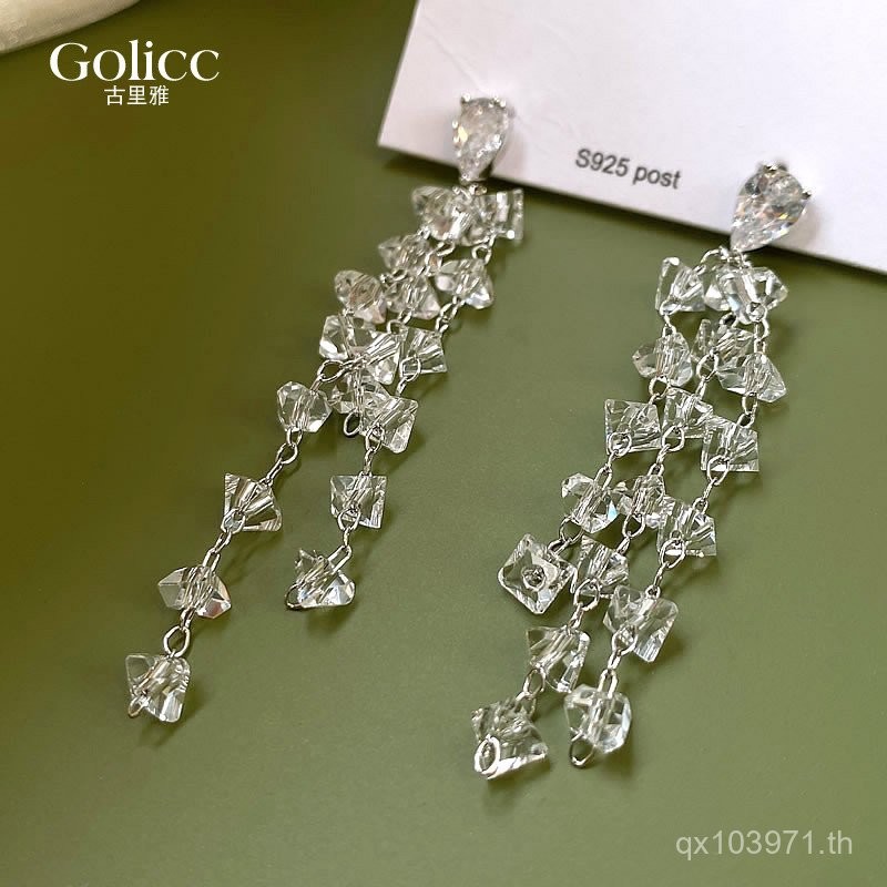 ต่างหูคริสตัล 2025 สไตล์เรขาคณิตเงินสเตอร์ลิง หลายชั้น ขนาดยาว 925 TWY4