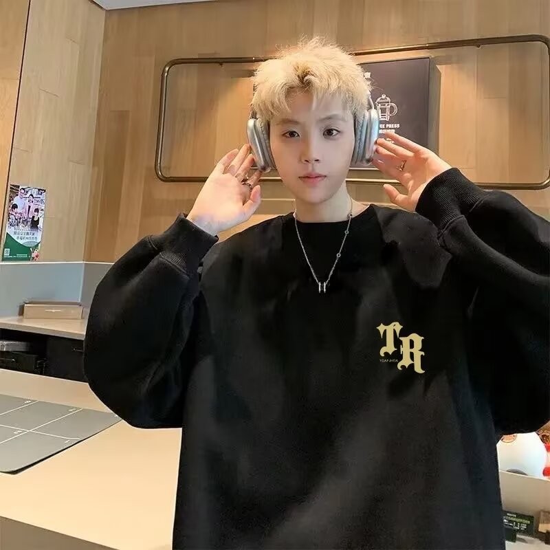 2025 NEW 2025 Crew Neck Fleece Sweatshirt Men's Autumn Thin Trendy American High Street Heavy Loose 