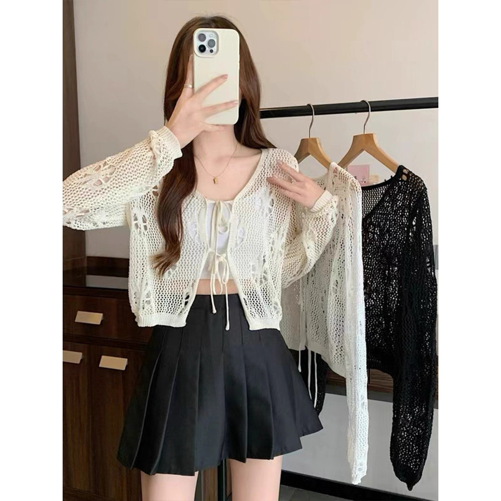 Vogue🌟พร้อมส่ง🌟 เสื้อคาร์ดิแกนแขนยาวสีใส ผ้าบางเบาซีทรู ผูกเชือกเก๋ๆ เป็นเสื้อกันแดดได้ (31056) - รูปที่ 4