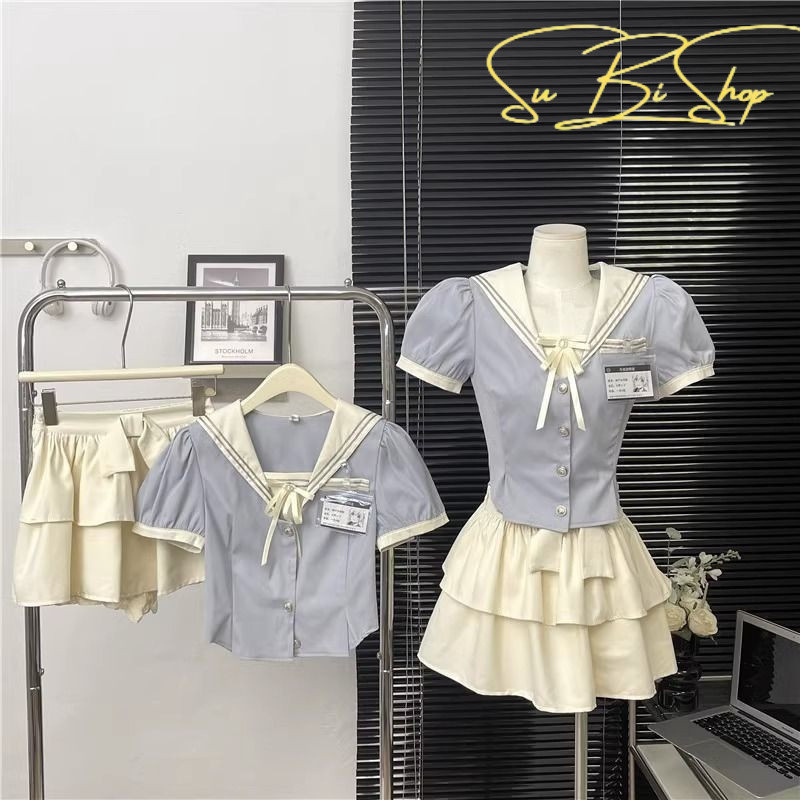 {Subi-Oder}JK ชุดเครื่องแบบสําหรับเด็กผู้หญิงสไตล์อเมริกันกระโปรงจีบคอปกสีกรมท่าเอวบางกระโปรงเค้กสอง