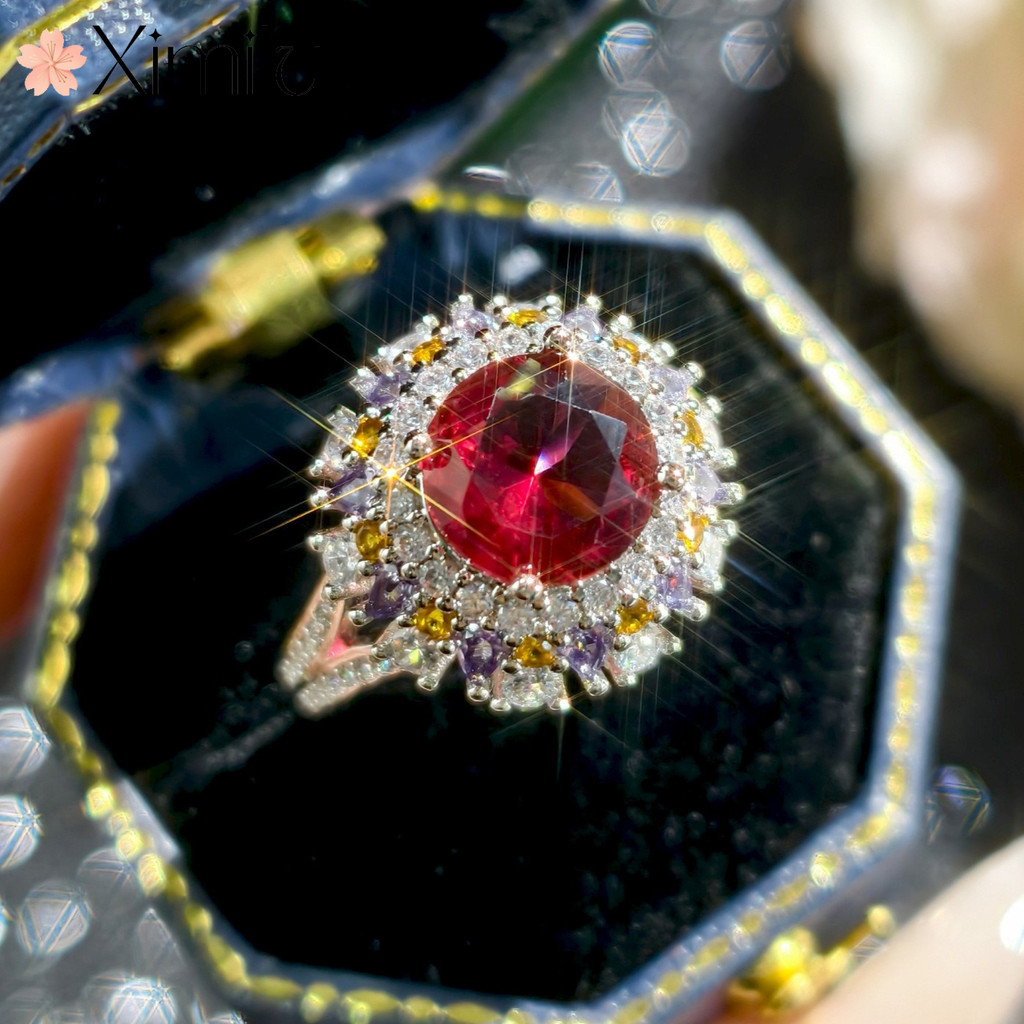 ⭐ Luxury Original Luxury Amethyst แหวน Rubellite สาวอัญมณีที่มีสีสันแฟชั่นเครื่องประดับ