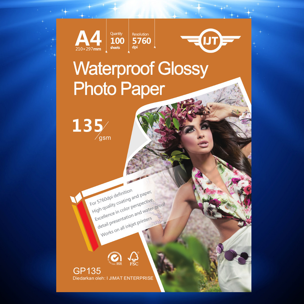 IJT A4 High Quality Waterproof Glossy Photo Paper 100sheets 135gsm /160gsm / 180gsm, 50 sheets 210gs