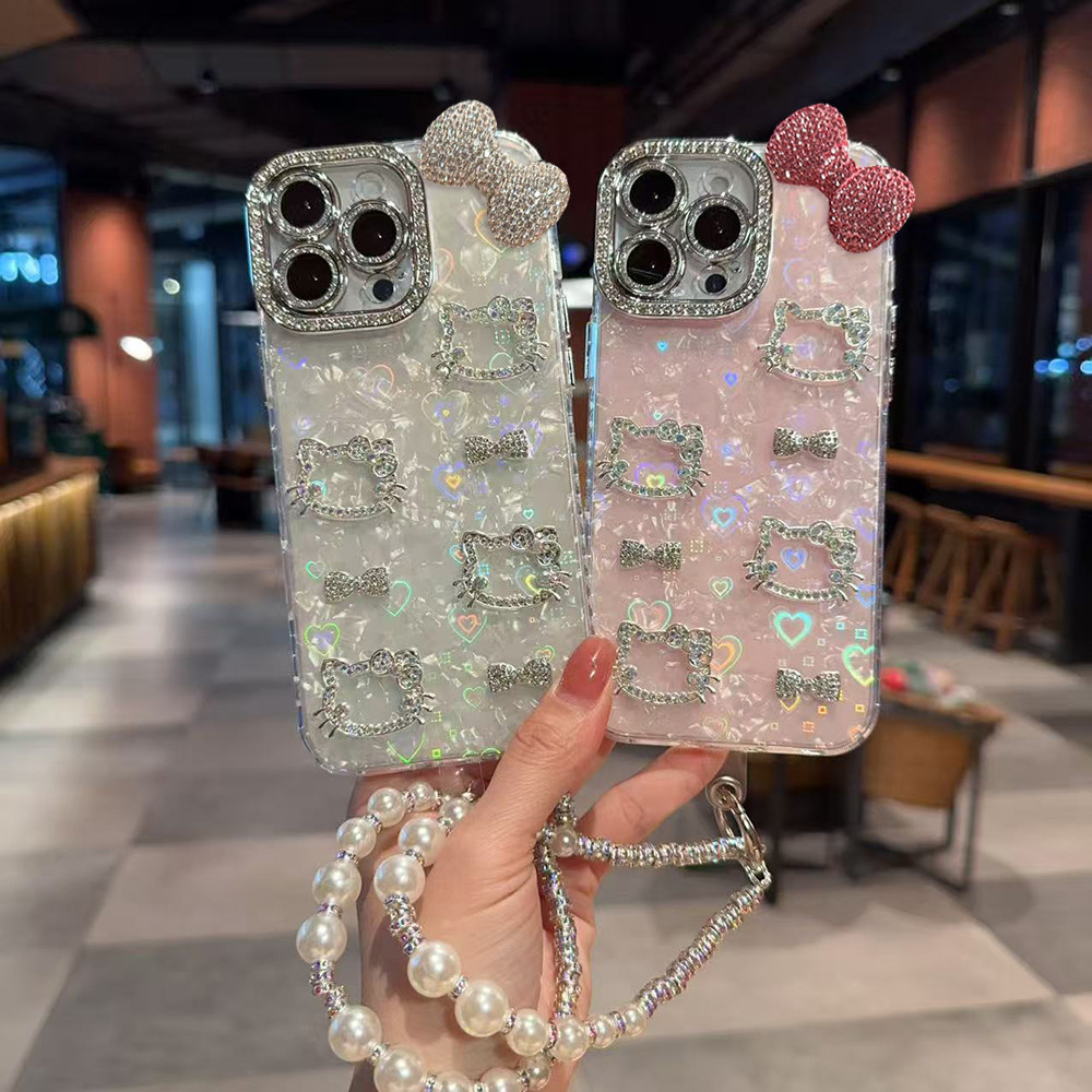 IMD รูปแบบเลเซอร์เคสโทรศัพท์สําหรับ iPhone 17 15 16 14 13 11 12 Pro Max น่ารัก Kitty Cat Bow Paste เพชรฝาครอบป้องกัน