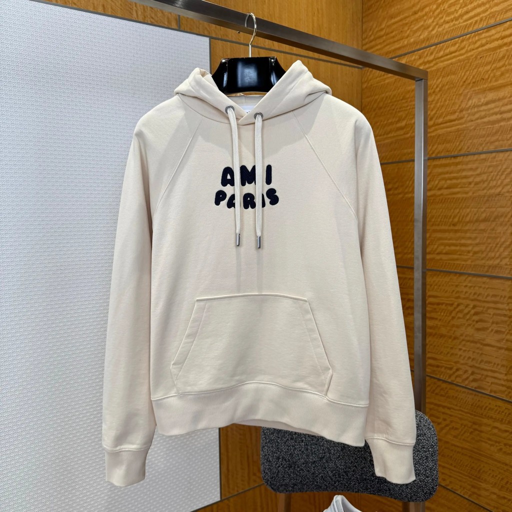 AMI PARIS เสื้อแจ็กเก็ตมีหมวกคลุมหัวลายโลโก้สำหรับผู้ชายและผู้หญิง (Unisex)