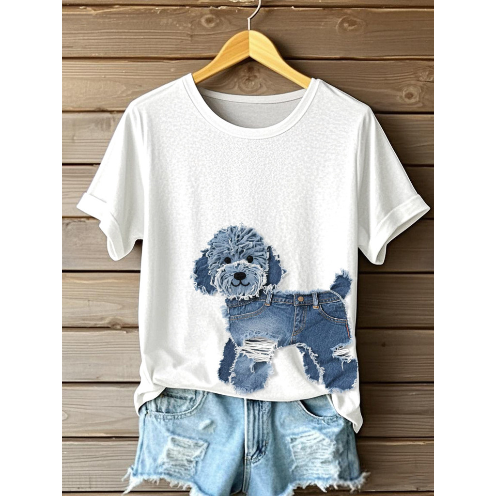 H-MILI เสื้อยืดผู้หญิงลายพิมพ์ลูกสุนัข แบบเรียบง่าย สีทึบรอบคอแขนสั้น