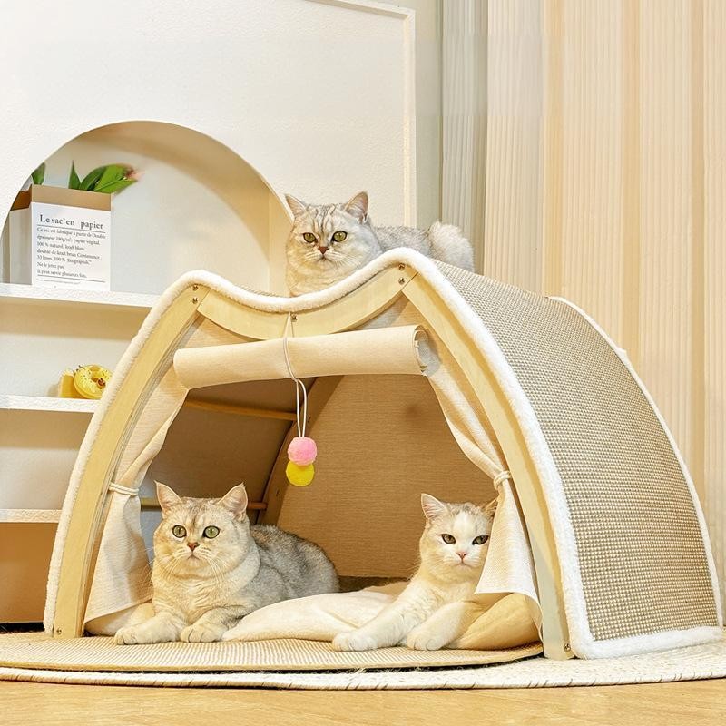 บ้านแมว,360° เตียงกึ่งล้อมรอบที่อบอุ่นพร้อมลูกบอลแขวน, โครงไม้เนื้อแข็งและป่านที่ทนต่อการขีดข่วน, เต็นท์บ้านแมวพร้อมแผ่นเกา