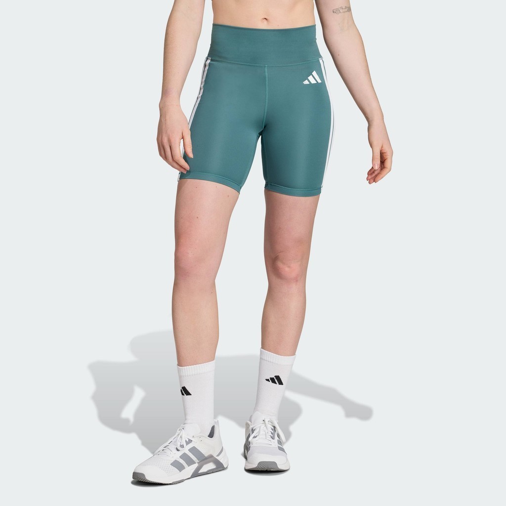 adidas Gym & Training กางเกงรัดรูปขาสั้น Optime Essentials 3-Stripes ผู้หญิง สีเขียว JY2147