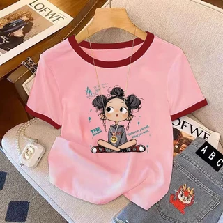 เสื้อยืดคอกลมแขนสั้นลายพิมพ์ตัวอักษรน่ารักสำหรับเด็กผู้หญิงในช่วงฤดูร้อนปี ใหม่สาวอวบใส่ได้ คอกลม เสื้อยืมีหลายสีให้เลือ