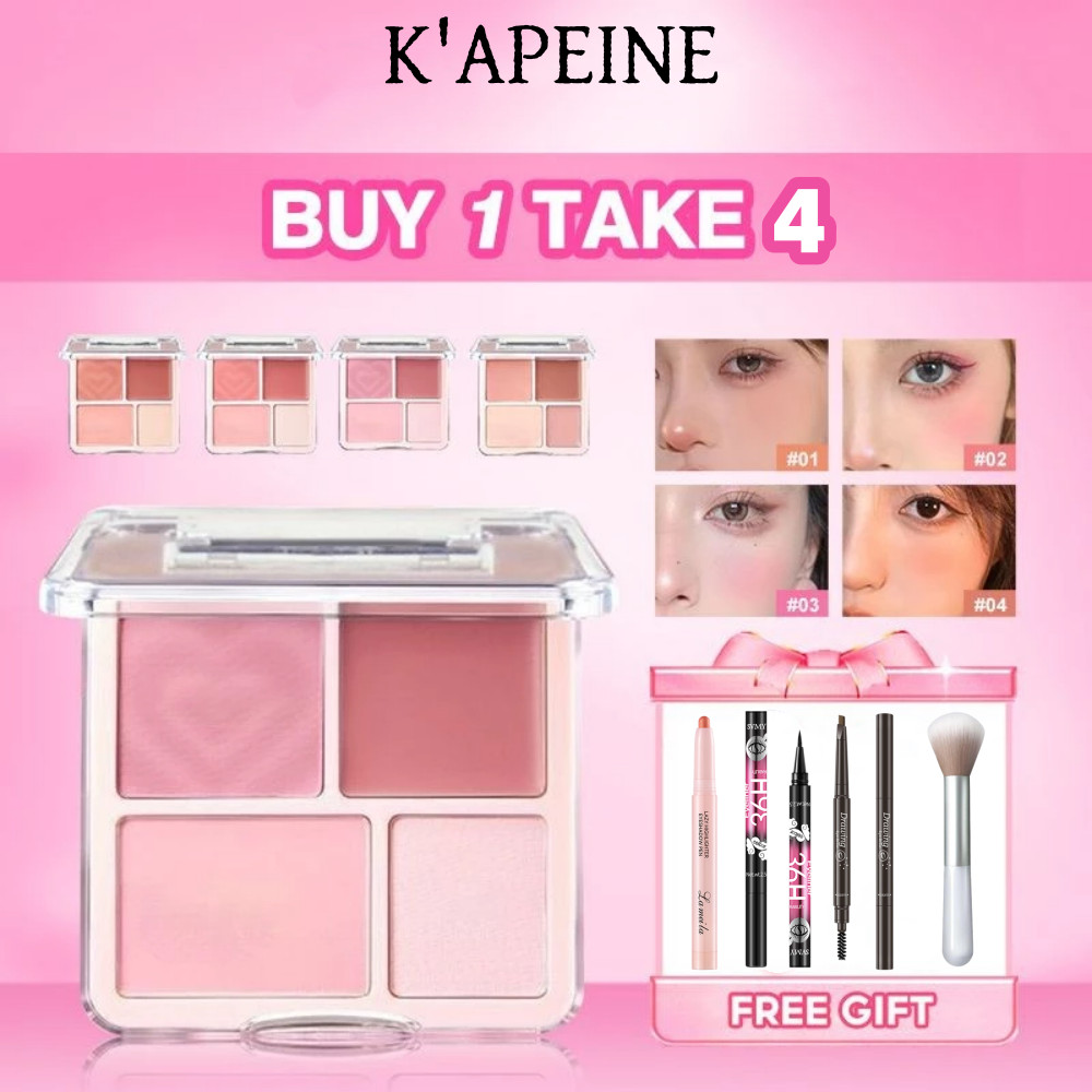 【ซื้อ 1 แถม 4】KAPEINE พาเลทบลัชออน 4 สี +อายไลเนอร์+อายแชโดว์สติ๊ก+ดินสอเขียนคิ้ว+แปรงปัดแก้มเนื้อฝุ่น ชุดแต่งหน้า 5ชิ้น