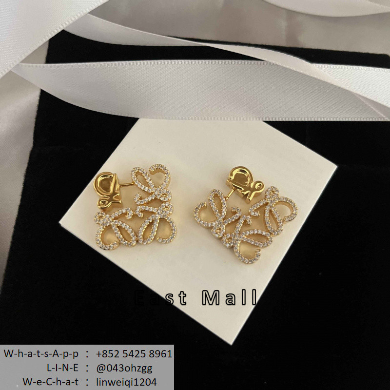 ป้ายเดิม 1: 1 L0EWE เพชรรูปสามมิติต่างหูสร้อยคอสร้อยข้อมือ Handmade Diamond-Studded Unisex ประณีตแฟช