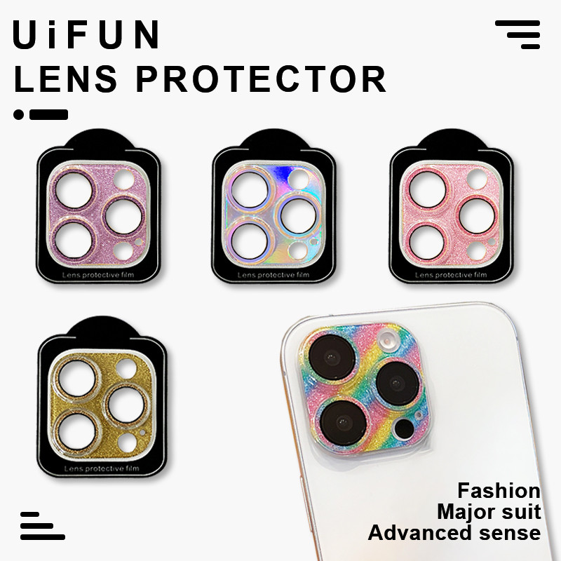Glitter Laser ฟิล์มป้องกันเลนส์สีสันสดใสเข้ากันได้สําหรับ iPhone 16 Plus 15 14 Pro Max 15Plus 16Pro คลุมทั้งหมด Anti-drop สติกเกอร์กล้องป้องกัน