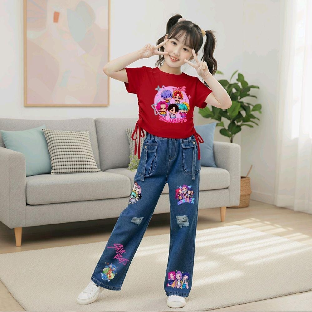 KINGชุดเซ็ทเด็กลายสุดฮิตSoda pop กางเกงยีนส์แท้ทรงคาร์โก้+เสื้อผูกโบว์ข้าง