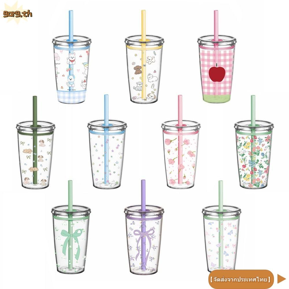 ถ้วยฟาง GORG, ขวดน้ํา Tritan 450ML, ถ้วยน้ําโปร่งใสพิมพ์ลายการ์ตูนแบบพกพากีฬาฟิตเนส