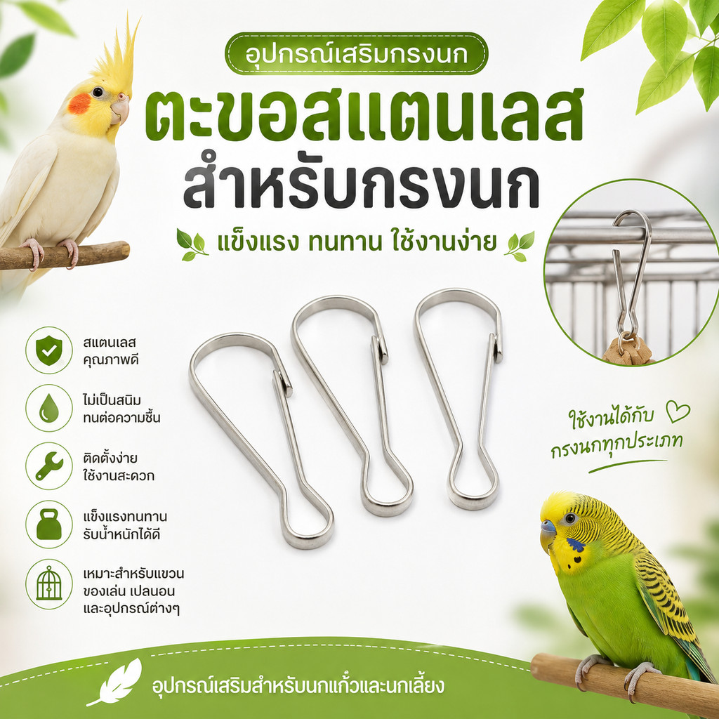 parrot.thailand ตะขอสแตนเลสสำหรับกรงนก ตะขอแขวนของเล่น เปลนอน อุปกรณ์เสริมกรงนก แข็งแรง ไม่เป็นสนิม