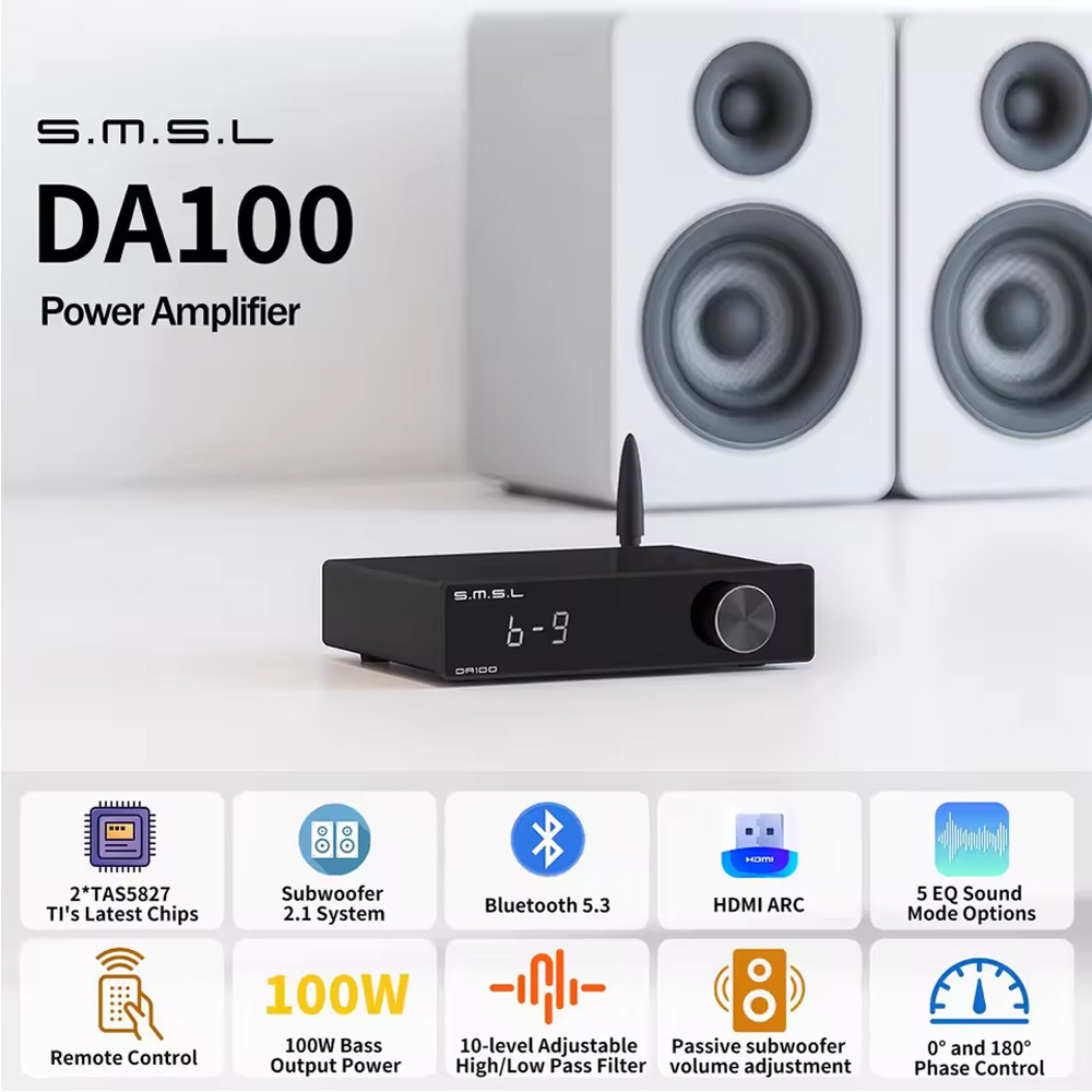 SMSL DA100 เพาเวอร์แอมป์ TAS5827x2 ชิปรองรับ HDMI ARC Optical LINE อินพุต EQ ปรับ AMP