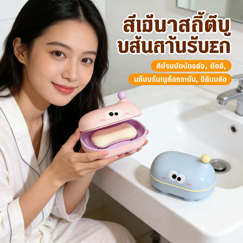กล่องสบู่เปิด-ปิดที่น่ารักตัวตาโต สำหรับบ้าน มีฟังก์ชันระบายน้ำ มีฝา ใช้สำหรับสบู่ซักผ้า กล่องสบู่การ์ตูน สำหรับนักเรียน