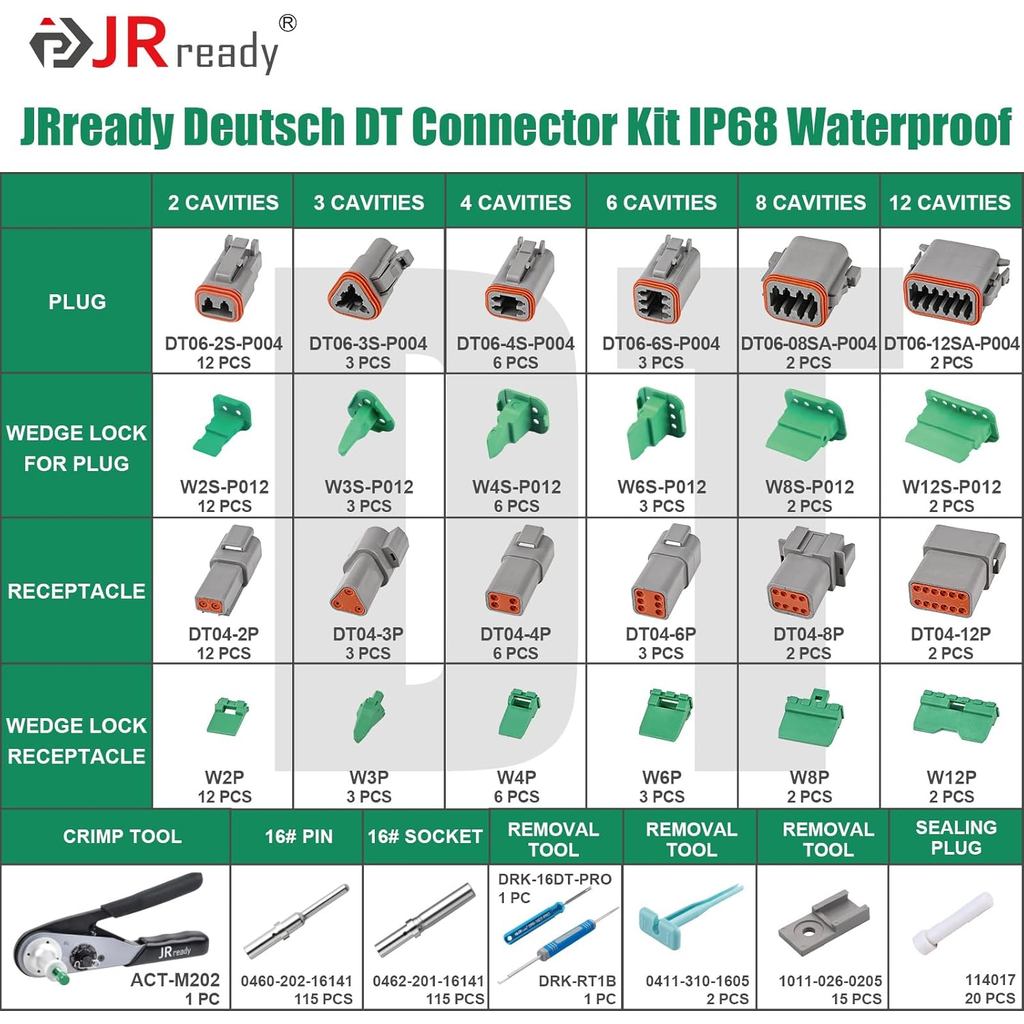 JRready DW5010 Deutsch Connector Kit, 2 3 4 6 8 12 Pin IP68 กันน้ํา DT Connectors ชุด ACT-M202 Deuts