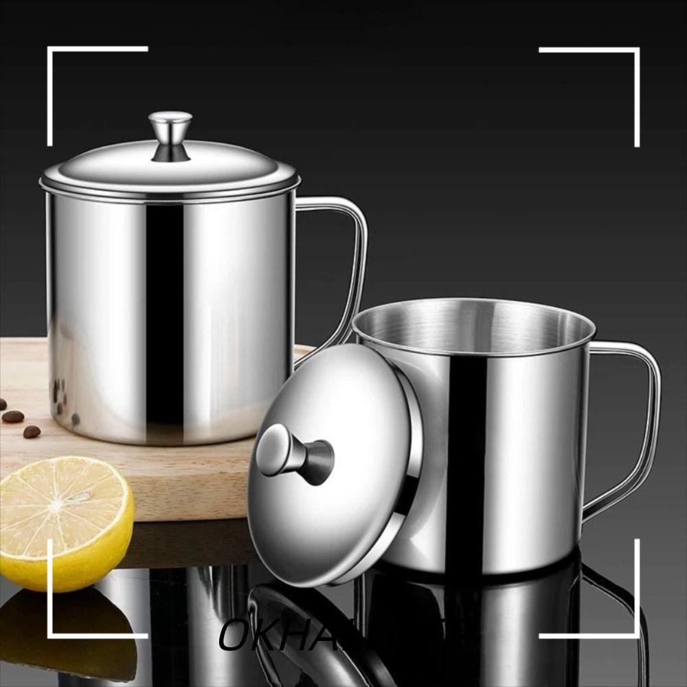IOKHALLO ถ้วยกาแฟ, ถ้วยสแตนเลสสแตนเลส 304 200-1600ML 304 พร้อมฝาปิด Handle Design แก้วน้ําแคมป์ปิ้ง
