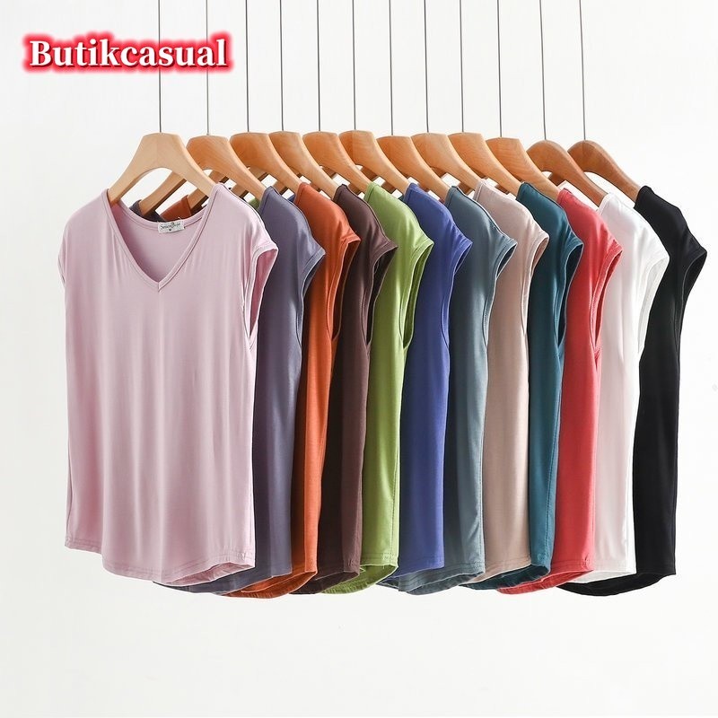 ผู้หญิง modal cotton top 2024 ฤดูร้อน Sleevless tops เสื้อยืดหลวม v คอ tshirt ผู้หญิงแฟชั่นเสื้อยืดลําลอง m-2xl