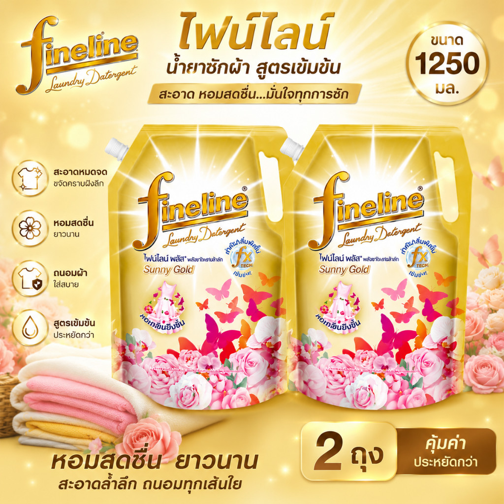 ไฟน์ไลน์ น้ำยาซักผ้า สูตรเข้มข้น ขนาด 1250 มล สีทอง ( แพ็ค 2 ถุง )