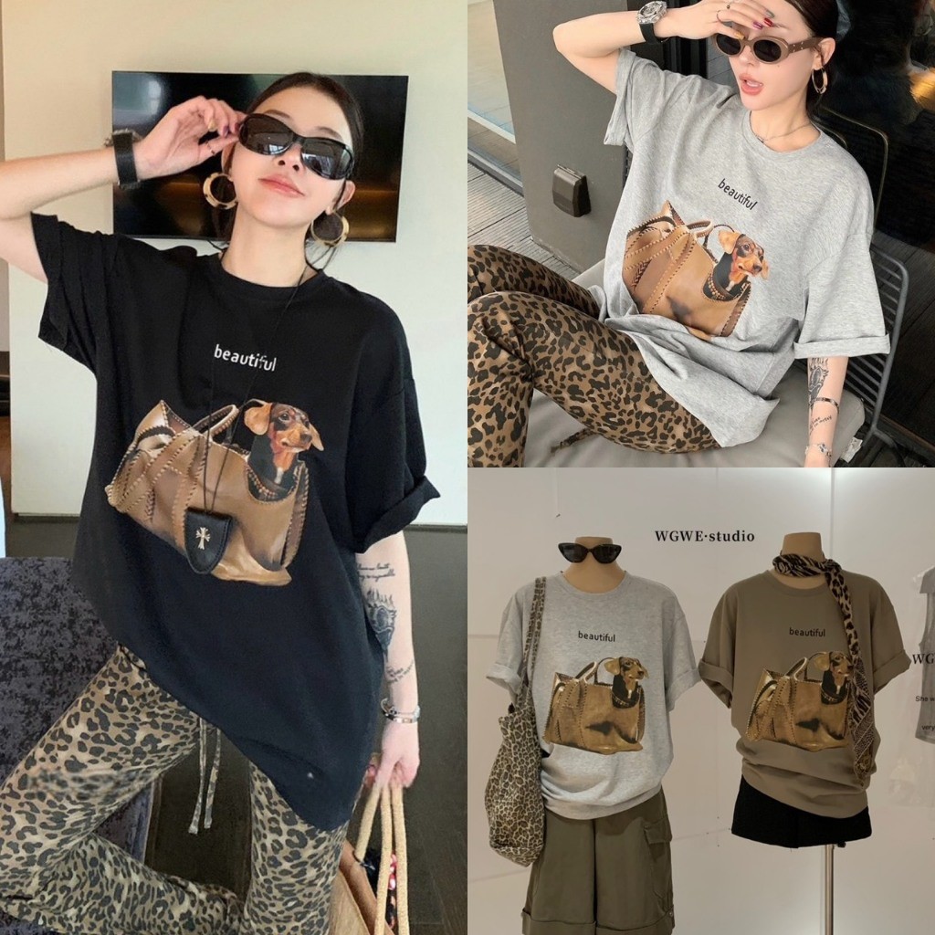 ❤ 🧵 🇰🇷 W8721 เสื้อยืดทรงโอเวอร์ไซส์ คอกลม ลายน้องหมา น่ารักมากๆค่า ผ้าดีใส่สบาย แฟชั่นเกาหลี TAG WG.WE 🧵🧡