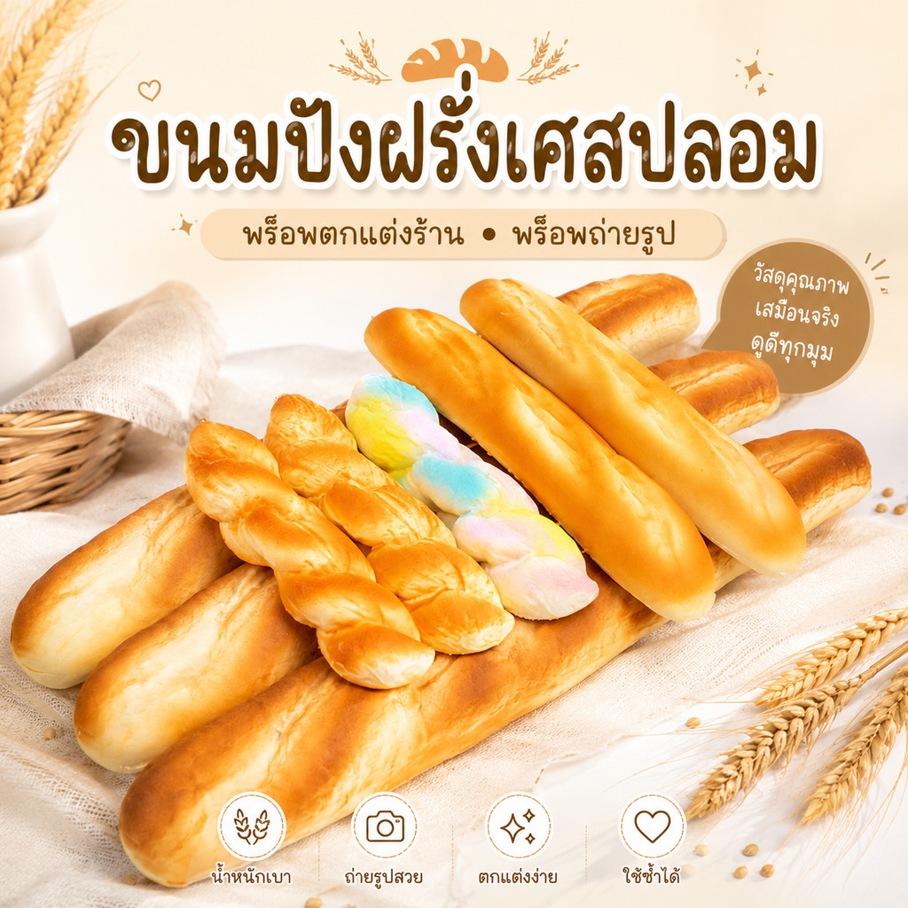 🥖 โมเดลขนมปังฝรั่งเศสเหมือนจริง พร็อพตกแต่งร้านเบเกอรี่ คาเฟ่ ร้านกาแฟ ขนมตัวอย่าง สัมผัสนิ่ม บีบคืนทรง มีกลิ่นหอม