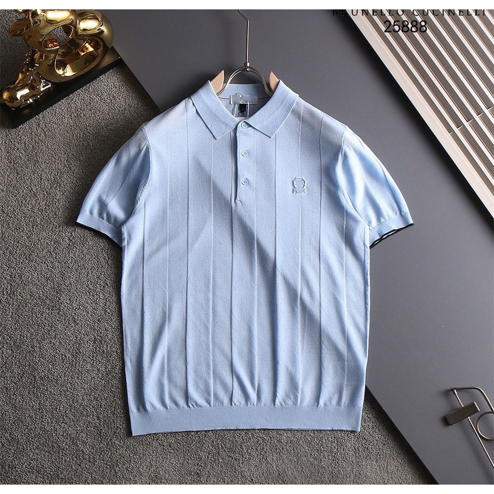 P7CY Brunello Cucinelli* ผ้าไหมน้ําแข็ง POLO ถักแขนสั้นเสื้อยืด,เสื้อยืดคอปกสําหรับธุรกิจสบายๆ 888