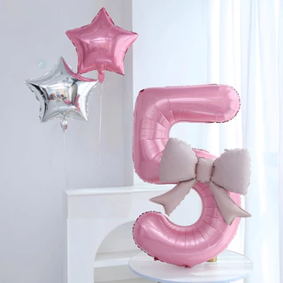 GeeParty ลูกโป่งวันเกิดตัวเลขสีชมพู 3 ชิ้น พร้อมโบว์ ฟอยล์บอลลูนธีมเจ้าหญิง ของตกแต่งงานวันเกิดเด็กผู้หญิง งานปาร์ตี้