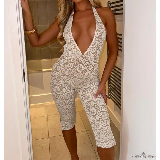 LTL-Women Sheer Halter V คอแขนกุดเปิดหลัง Slim Fit ลูกไม้ Jumpsuit