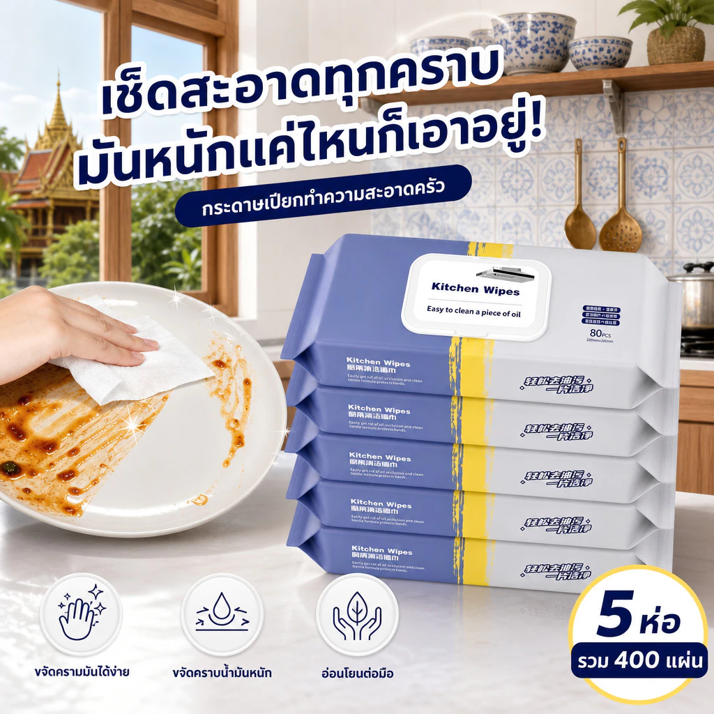 <5 ห่อ>ทิชชู่เปียกสำหรับห้องครัว ทำความสะอาด เช็ดคราบมัน จาน 80 แผ่น/แพ็ค