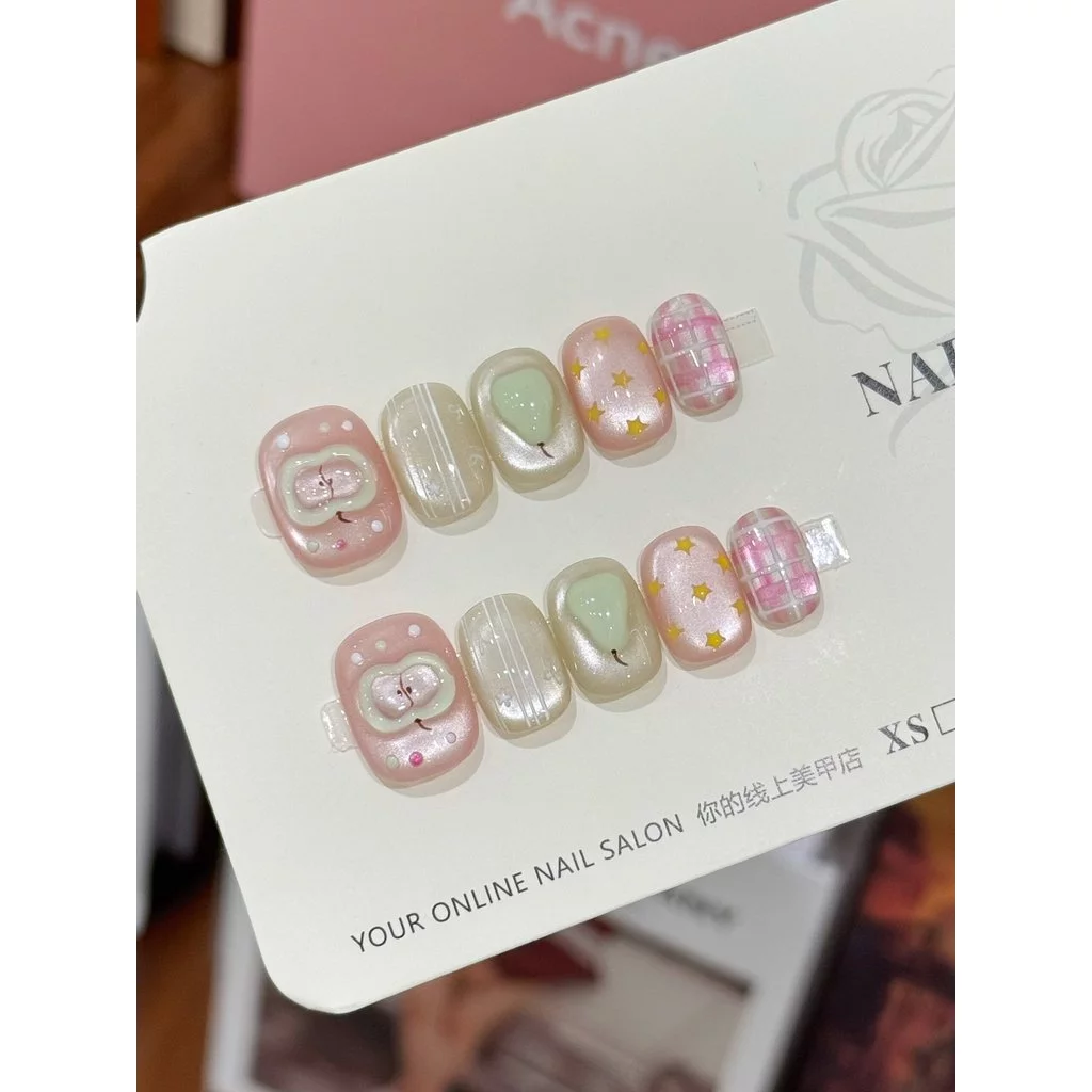 ✨พร้อมส่งไทย✨ เล็บปลอม แยกไซส์ สั้นกุด ลูกแพร์ น่ารัก สีลูกแก้วแคทอาย สไตล์เกาหลี 10 ชิ้น/ไซส์ M S XS ฟรีกาวสิลิโคน