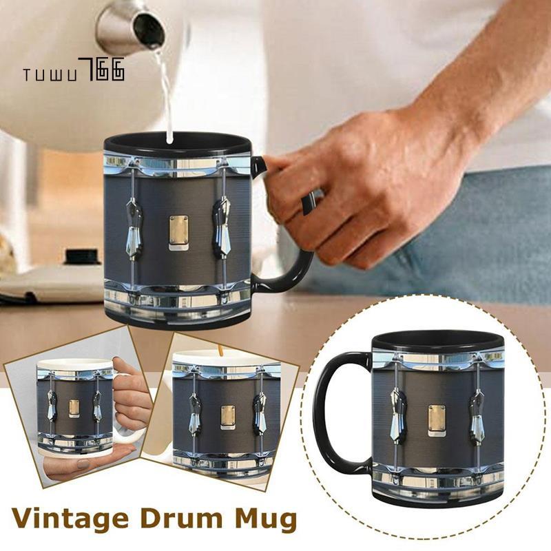 [tuwu766]11OZ สีดํา Vintage กลองแก้วชาตลกกาแฟน้ําผลไม้ถ้วยน้ํา Home Drinkware แก้วเซรามิค Drumming ข