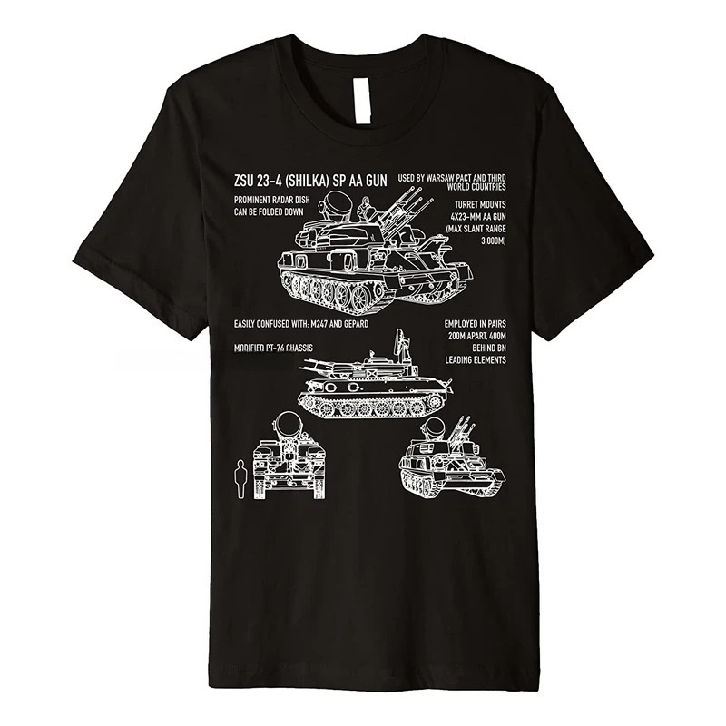 เสื้อยืดลายแผนผังเทคนิครถป้องกันอากาศ ZSU-23-4 Shilka สไตล์มินิมอล ผ้าฝ้ายแท้ แขนสั้น สำหรับวัยรุ่นค