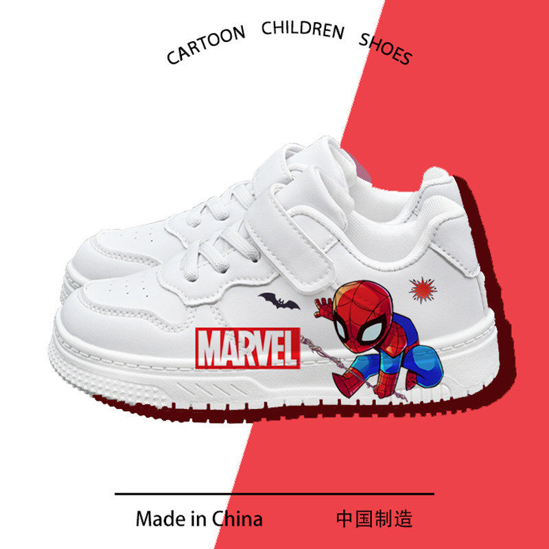 Mecha Hero Pattern Spider Web รองเท้าสีขาวสไตล์ใหม่ Soft-Soled Velcro Campus รองเท้าเด็กนักเรียน