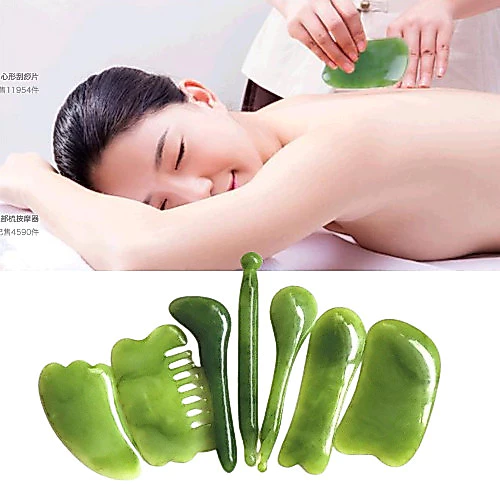 เซอร์เพนทีน(Serpentine) 7ชิ้น หินกัวซา ลดหน้าบวม กัวซานวดหน้า กวซาหยก gua sha