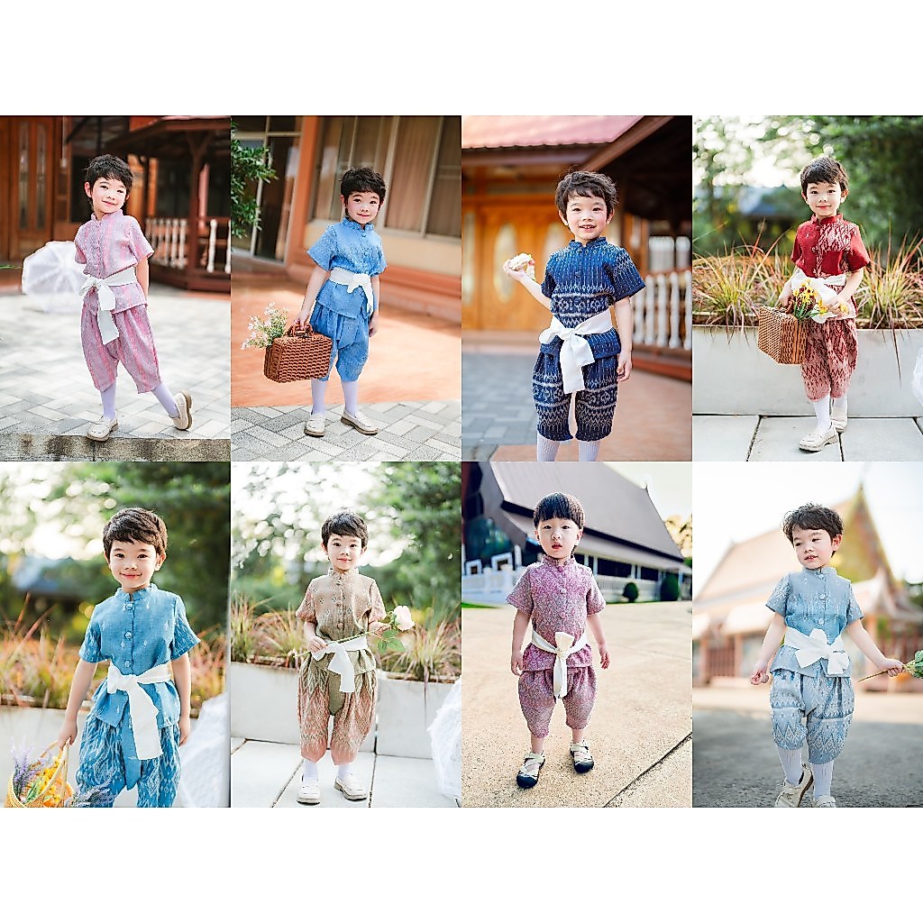 ชุดผ้าไทยเด็กผู้ชาย  ชุดใส่ทำบุญ ชุดใส่วันสงกรานต์ ชุดใส่วันลอยกระทง