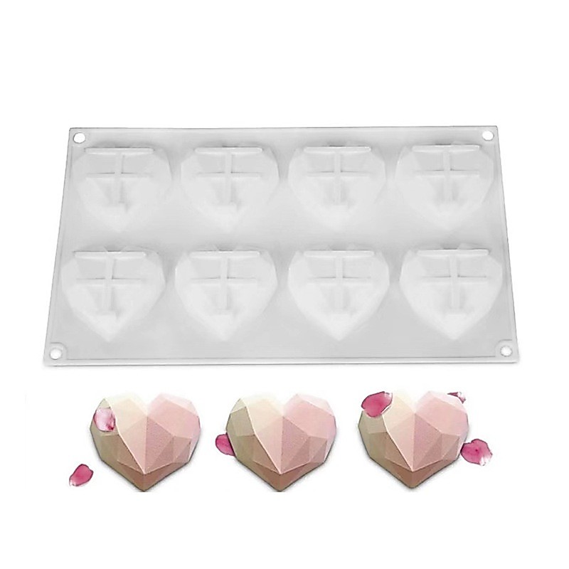 8-cavity Diamond แม่พิมพ์ซิลิโคนรูปหัวใจ มูส ขนม ช็อคโกแลต สบู่ น้ําแข็ง DIY อบ