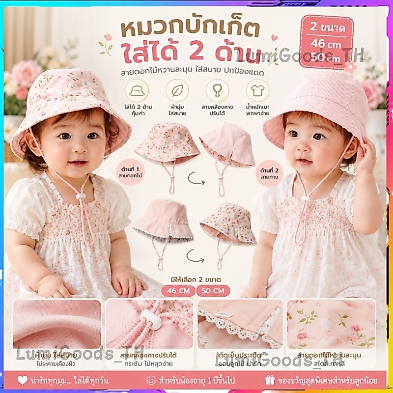 หมวกกันแดดทรงชาวประมงสไตล์เกาหลีสำหรับเด็กผู้หญิงจาก moinmlon สามารถใส่ได้สองด้าน (ฤดูใบไม้ผลิ/ฤดูร้อน) ตกแต่งด้วยลูกไม้