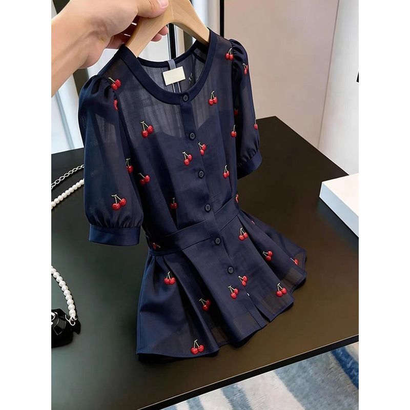 2026 Chic Very Fairy Top สวยลดอายุสไตล์ตะวันตก Navy Blue รูปที่ 4