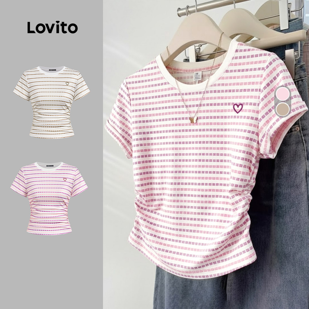 Lovito เสื้อยืดแคชชวลผู้หญิง สำหรับใส่ทำงาน พักผ่อน ปักลาย สีตัดกัน ฤดูใบไม้ผลิ/ฤดูร้อน สีชมพู LK3ED051