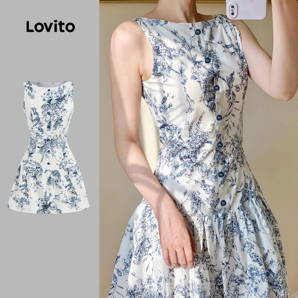 Lovito แคชชวล ชุดเดรสสบายๆ สไตล์ปุ่ม อากาศฤดูใบไม้ผลิ/ฤดูร้อน สีน้ำเงิน สำหรับผู้หญิง L151AD004