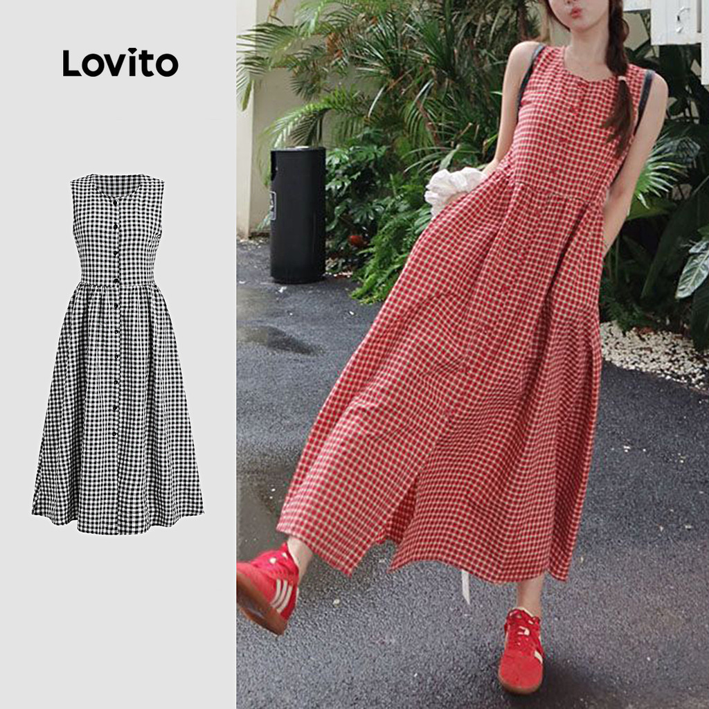 Lovito แคชชวล เดรสลายสก็อตสีสันสดใสติดกระดุมสุดหรูสำหรับผู้หญิง LNE77572
