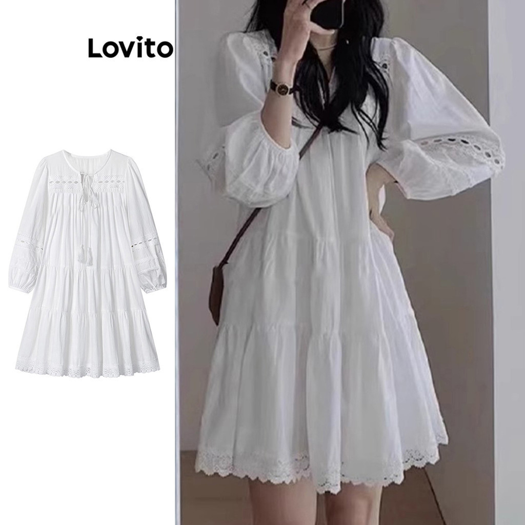 Lovito โบโฮ ชุดเดรสเรียบๆ รูดจีบสำหรับผู้หญิง LNA73035