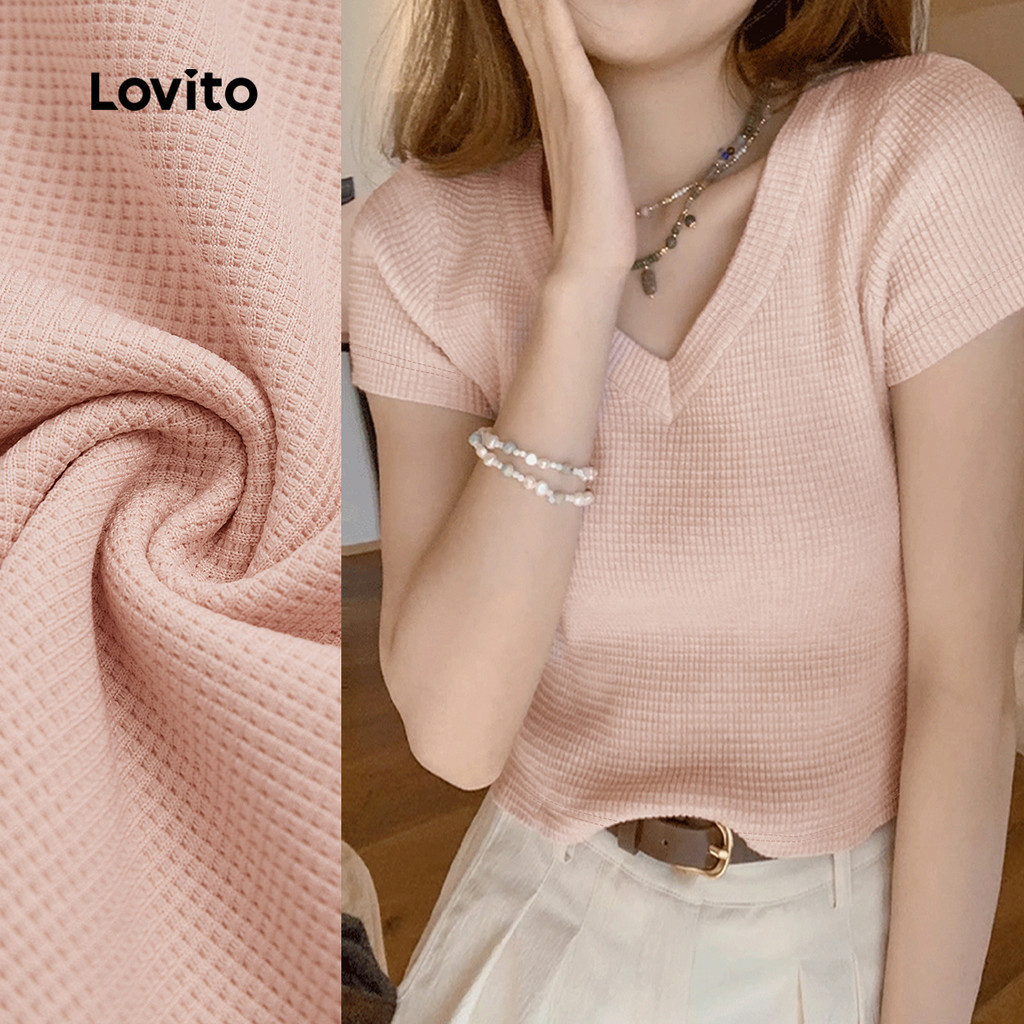 Lovito เสื้อยืดแคชชวลคุณภาพดี สีชมพูสำหรับฤดูใบไม้ผลิ/ฤดูร้อน สาวๆ L149LD107