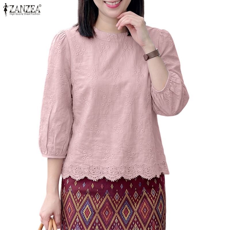 ZANZEA ใส่ ซานเซีย ผู้หญิงเกาหลีที่สง่างามอ่อนโยนลูกเรือคอ3/4แขนโคมไฟเย็บปักถักร้อยลูกไม้ประกบเสื้อ — صورة 6