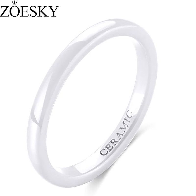 ZOESKY 2 มม.แหวนเซรามิคสีขาวสําหรับผู้ชายผู้หญิง Comfort Fit หมั้นงานแต่งงานขนาด 4-12