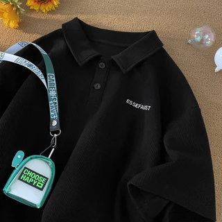 Becoolman-วาฟเฟิล ปกพับ POLOเสื้อ ผู้ชาย สไตล์อเมริกัน แนววินเทจ เสื้อยืด ยอดนิยม ความรู้สึกระดับสูง แขนสั้น